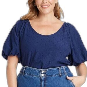 Ava & Viv Women's Puff Short Sleeve Eyelet Peasant Top - Navy Blue 1X